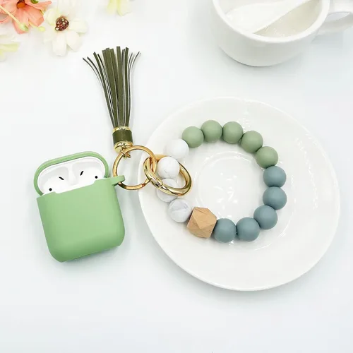 Vista 5 de Funda compatible con AirPods, funda protectora de silicona suave con llavero de pulsera, compatible con Apple AirPods de 2ª generación de 1ª Verde