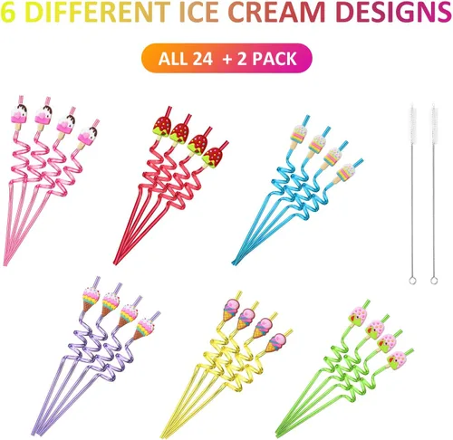 Vista 7 de 24 pajitas de helado reutilizables para suministros de fiesta de cumpleaños Recuerdos de fiesta con 2 cepillos de limpieza