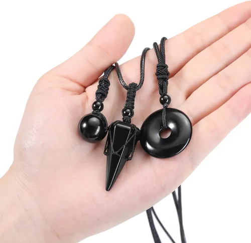 Vista 3 de Jovivi Juego de 3 collares de piedra de cristal curativo para hombres y mujeres, amatista natural, obsidiana negra, ojo de tigre, piedras preciosas