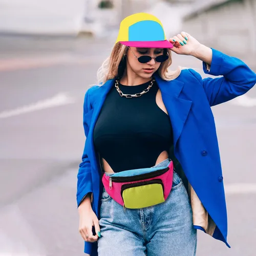 Vista 6 de Cindeer Paquete de 2 riñoneras de neón de los años 80 y 90 para mujer, sombrero de neón, cangurera retro para fiesta de los años 80 y 90, festival