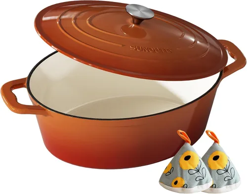 Vista 16 de Horno holandés de hierro fundido esmaltado, olla de 7.5 cuartos de galón con tapa y agarraderas de algodón, utensilios de cocina resistentes