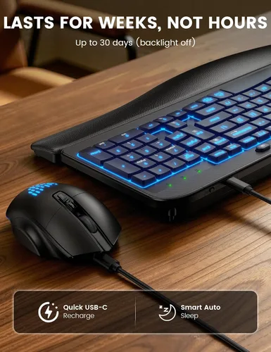 Vista 6 de SABLUTE Combo de teclado y mouse inalámbrico ergonómico, MA12Pro Wave teclado con reposamuñecas de cuero para escribir cómodamente, retroiluminación