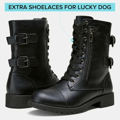 Vista 5 de Vepose Botas de combate para mujer, tacón bajo, botas militares a media pantorrilla con bolsillo para tarjetero, cuchillo y cartera