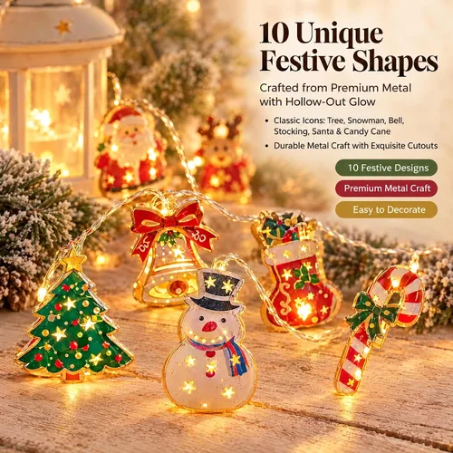 Vista 4 de Guirnalda de 10 luces LED para decoración de árbol de Navidad, Papá Noel, bastón de caramelo, muñeco de nieve, funciona con pilas, para dormitorio
