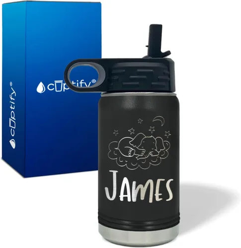 Vista 3 de Botella de agua para niños personalizada con nombre en botella de agua aislada con anillo negro mate de 12 onzas Mate negro