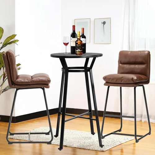 Vista 11 de Glitzhome Juego de mesa y sillas de comedor, mesa redonda de acero negro con parte superior de madera de olmo sólido y taburetes de bar de cuero