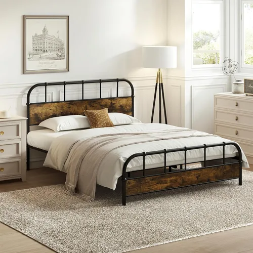 Vista 3 de Giantex Base de cama de metal tamaño Queen con cabecera de madera, base de cama de plataforma industrial con listones de metal resistente, base