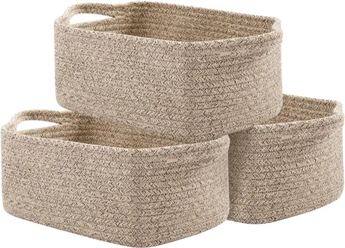 Vista 8 de OIAHOMY Cestas tejidas de cuerda de algodón para almacenamiento, cesta de almacenamiento rectangular para guardería con asas para estantes, paquete