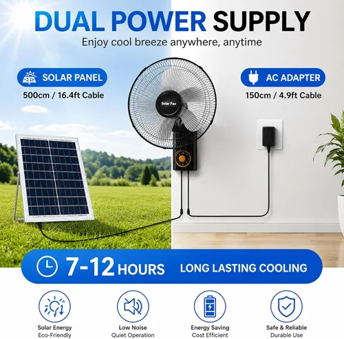 Vista 2 de Ventilador solar de montaje en pared de 16 pulgadas, ventiladores de doble potencia con panel solar de 20 W, oscilación de 90°, ventilador