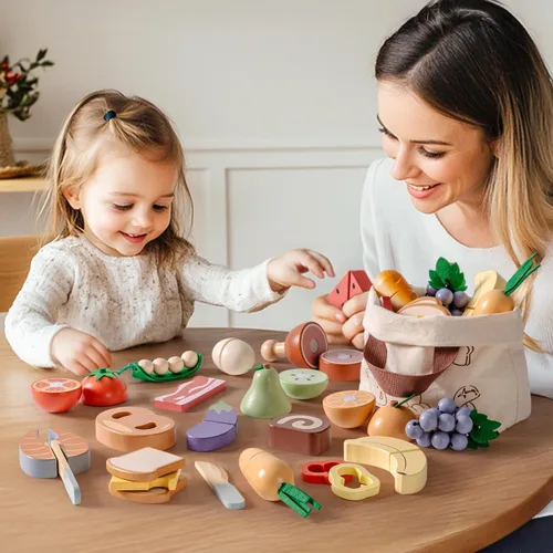 Vista 3 de ROBOTIME Juego de comida de madera 4 en 1, juego de juguete de simulación para jugar cocina con bolsa de compras, accesorios de cocina para niños