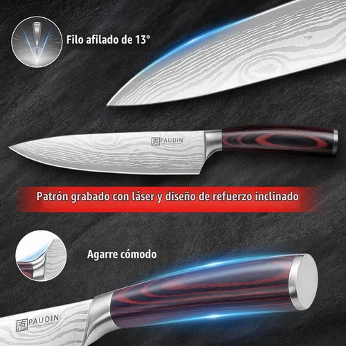 Vista 4 de PAUDIN Cuchillo de chef, cuchillo de cocina afilado de acero inoxidable de alto carbono de 8 pulgadas con mango ergonómico, caja de regalo