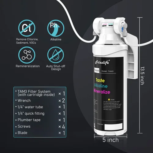 Vista 7 de Frizzlife TAM3 Filtro de agua en línea debajo del fregadero - Remineralización alcalina PH+, Certificado NSF/ANSI 42, Ajusta el sabor y el PH
