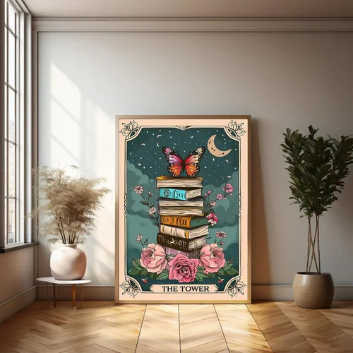 Vista 3 de Póster de libros de cartas de tarot, arte de pared, diseño de mariposa, flores botánicas, arte de pared, biblioteca, lectura, impresiones en lienzo