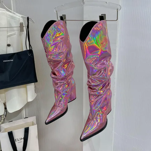 Vista 11 de Vertundy Botas altas hasta la rodilla metálicas con punta puntiaguda para mujer, botas altas de tacón alto de charol plisadas, botas largas plisadas
