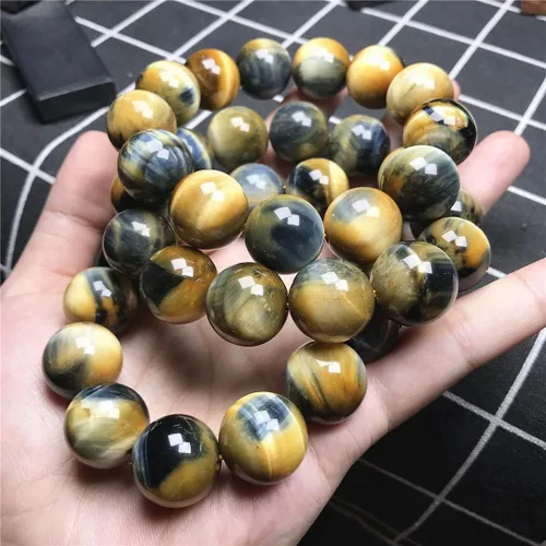 Vista 7 de Pulsera de ojo de tigre natural de 0.709 in para mujeres y hombres, piedra preciosa azul amarilla y azul con cuentas redondas grandes, pulsera
