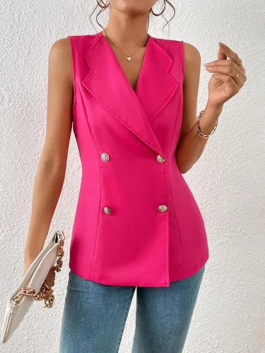 Vista 3 de GORGLITTER Chaleco sin mangas para mujer, con cuello de solapa, doble botonadura, casual, ligero