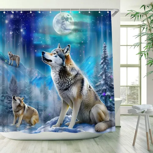 Vista 2 de Cortina de ducha con diseño de lobo, nieve, invierno, bosque, montaña, luna llena, vida silvestre, animales, decoración de baño, cortinas de tela