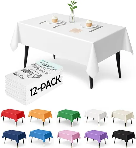 Vista 8 de Paquete de 12 manteles de plástico negro – Cubiertas de mesa desechables de 54 x 108 pulgadas para mesas rectangulares, resistentes y resistentes al