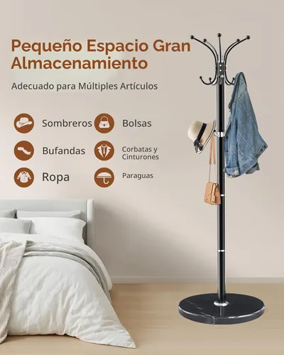 Vista 5 de Snaikor Perchero de Metal con Base de Mármol Natural, Perchero Moderno Independiente, Perchero Giratorio de 360° con 14 Ganchos, Perchero de Negro