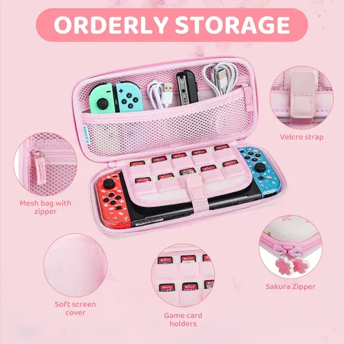 Vista 2 de FANPL Lindo paquete de funda de transporte para Nintendo Switch, kit de accesorios de funda de interruptor rosa con funda de viaje dura de flores