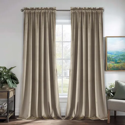 Vista 53 de JIUZHEN Cortinas de terciopelo beige de 63 pulgadas de ancho x 63 pulgadas de largo, cortinas de terciopelo retro suaves con bolsillo para barra