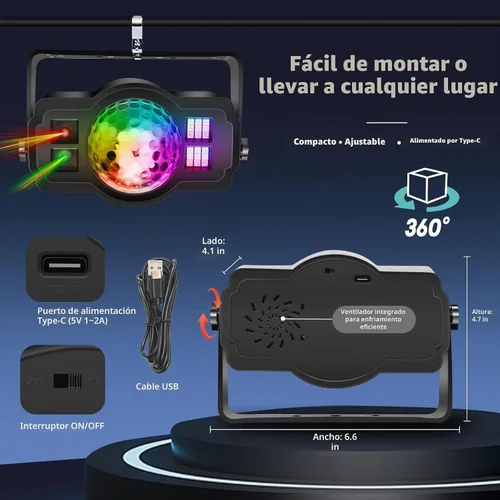 Vista 5 de Luces de fiesta de bola de discoteca 3 en 1, luz estroboscópica de DJ activada por sonido con 60 patrones, proyector LED alimentado por USB