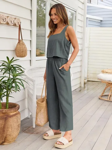 Vista 3 de AUTOMET 2 Piece Summer Outfits for Women Casual Lounge Matching Sets Linen Crop Top Long Pants 2024 Fashion Clothes