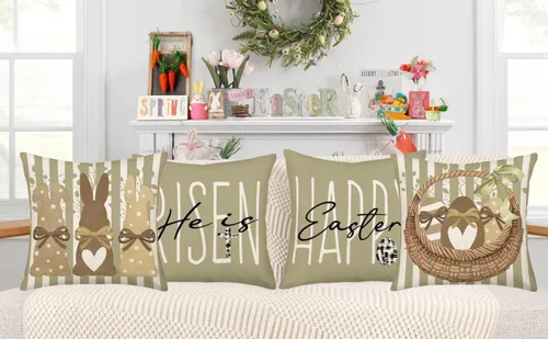 Vista 2 de Fukeen Juego de 4 fundas de almohada de Pascua de 20 x 20 pulgadas, diseño de huevo de conejo, conejo con rayas marrones, fundas de almohada