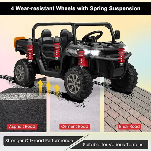 Vista 3 de Costzon Camión volquete con control remoto, UTV eléctrico de 12 V para niños con cama volquete eléctrica, función de balanceo, pala, 4 suspensiones