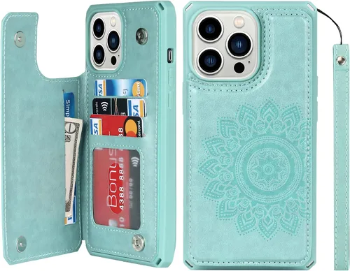Vista 22 de iCoverCase Funda de billetera compatible con iPhone 13 Pro Max con tarjetero para mujer, cuero PU en relieve con bloqueo RFID y correa de muñeca