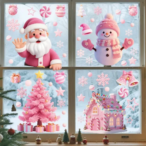 Vista 6 de 121 calcomanías de Navidad rosas para ventanas, Papá Noel, árbol de Navidad, copo de nieve, muñeco de nieve, ciervo, calcomanías de doble cara