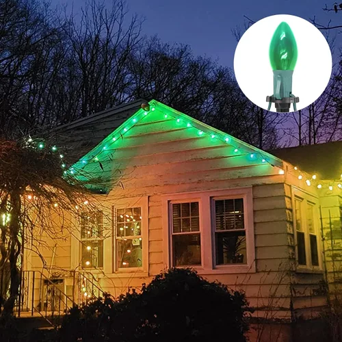 Vista 5 de Paquete de 25 bombillas de repuesto C9 verdes incandescentes, bombillas de Navidad C9 para patio, decoración del día de San Patricio, Navidad, base