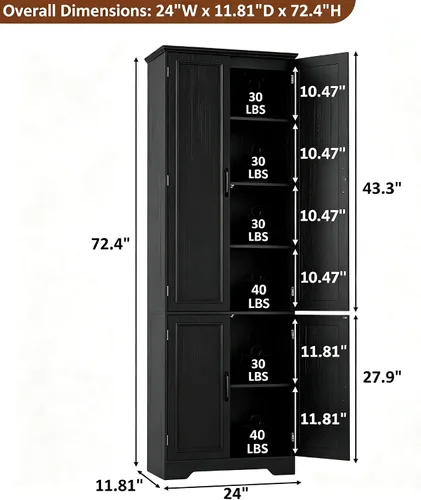 Vista 3 de Function Home 72" Kitchen Pantry Cabinet, Tall Wood Farmhouse Storage Cabinet with Doors and Adjustable Shelves, 6 Tier Freestanding Cupboard for