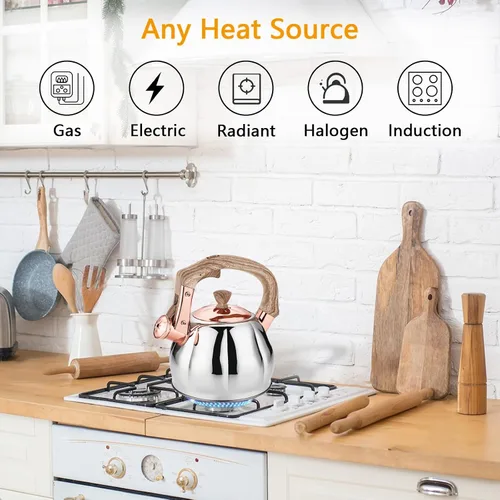 Vista 4 de Hervidor de té de acero inoxidable para estufa con mango ergonómico a prueba de calor y silbato de 2.5 cuartos