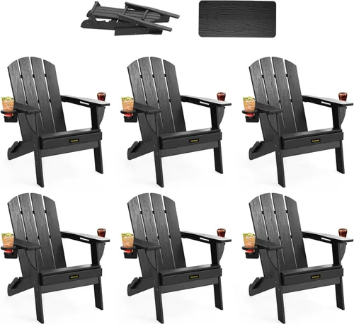 Vista 28 de Silla Adirondack Plegable, Sillas Adirondack de Plástico con Textura de Madera con 2 Portavasos, Silla para Hoguera de HDPE Resistente a