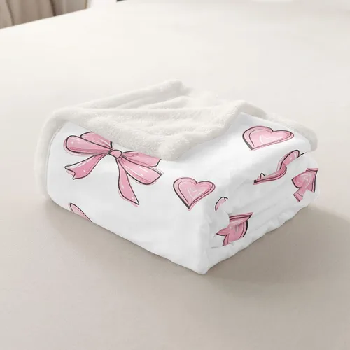 Vista 5 de Manta de franela de forro polar con lazos rosados femeninos de 40 x 50 pulgadas, manta mullida de corazones para el día de San Valentín para sofá