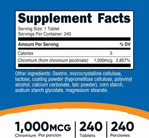 Vista 2 de Nutricost Cromo (1000mcg) 240 comprimidos - Sin gluten, sin OMG