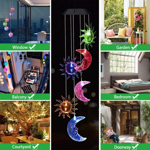Vista 6 de Lámpara móvil de energía solar de Lainin, con carillón de estrellas transparentes que cambian de color y giran con el viento. Para decoración e