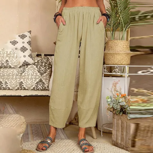 Vista 2 de Fashion Women Solid Colour Loose Cotton and Linen Casual Pants Home Harem Pants