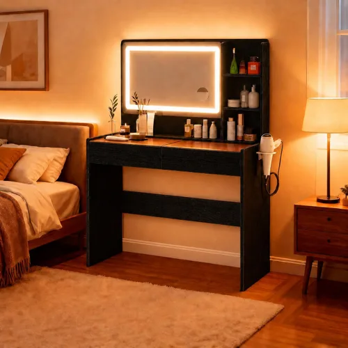 Vista 9 de Escritorio de tocador con espejo y luces, mesa de tocador de maquillaje con parte superior de cristal, tira de luz RGB, brillo ajustable, 2 cajones