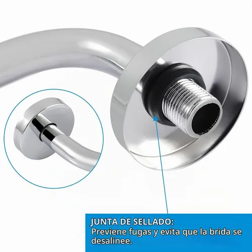 Vista 2 de Brazo de ducha Voolan con brida y cinta de teflón, brazo de extensión de cabezal de ducha para baño con ducha fija, acero inoxidable sólido, montado
