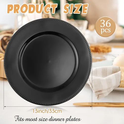 Vista 2 de Jinei Paquete de 36 platos de carga negros de 13 pulgadas con cuentas de plástico redondos, decoración de mesa de boda, bandeja reutilizable