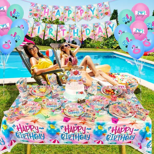 Vista 6 de Juego de vajilla de verano para piscina, decoraciones de cumpleaños