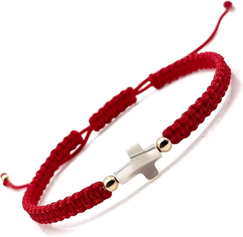 Vista 3 de Pulsera ajustable tejida a mano con cruz de nácar - Joyería espiritual para mujer