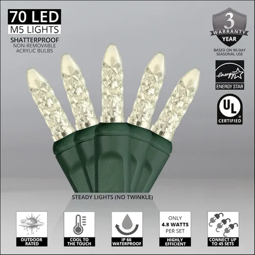 Vista 2 de 70 luces LED de Navidad M5 de color blanco cálido, cable verde de 24 pies para interiores y exteriores, mini cadena de grado comercial, iluminación