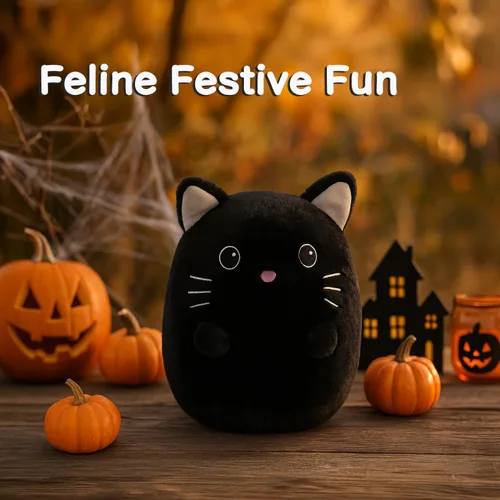 Vista 7 de WEIGEDU Gatito negro de peluche con ojos bordados para niño y niña, decoración de Halloween, cojín de almohada, sofá, regalos de inauguración