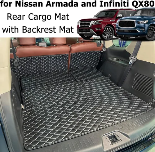 Vista 3 de para 2017-2024 Nissan Armada / 11-13 Infiniti QX56 / 2014-2024 QX80 Alfombra de maletero y fundas de respaldo trasero para 2ª+3ª fila (5 piezas)