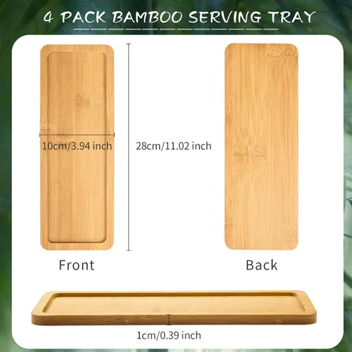 Vista 2 de Paquete de 4 bandejas de bambú rectangulares de bambú para servir té, bordes redondeados, bandeja de madera para mostrador de baño, bandeja de bambú