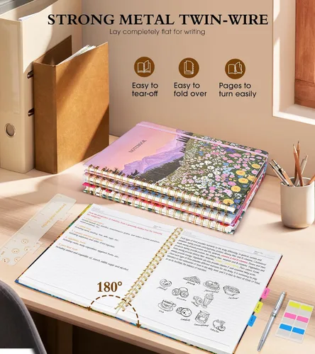 Vista 6 de Cuaderno de espiral de 8.5 x 11 pulgadas, cuadernos grandes A4 para mujeres y hombres, diario rayado universitario, papel de 3.53 oz/m², diarios