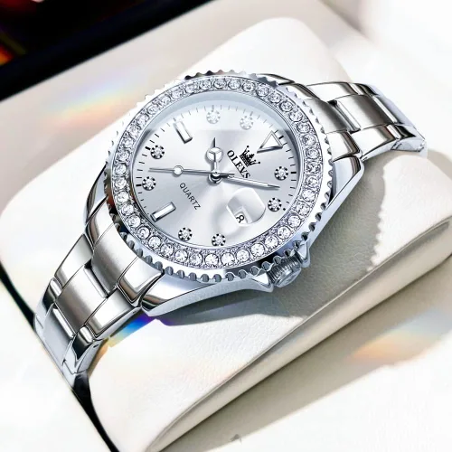 Vista 2 de OLEVS Reloj de pulsera de oro para mujer, con diamantes de lujo, de acero inoxidable, impermeable, luminoso, fecha
